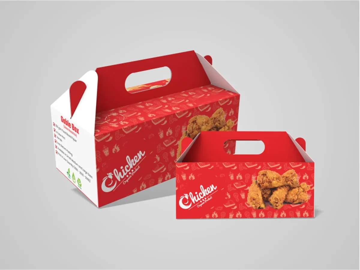 A printed gable box with a carry handle, in two sizes