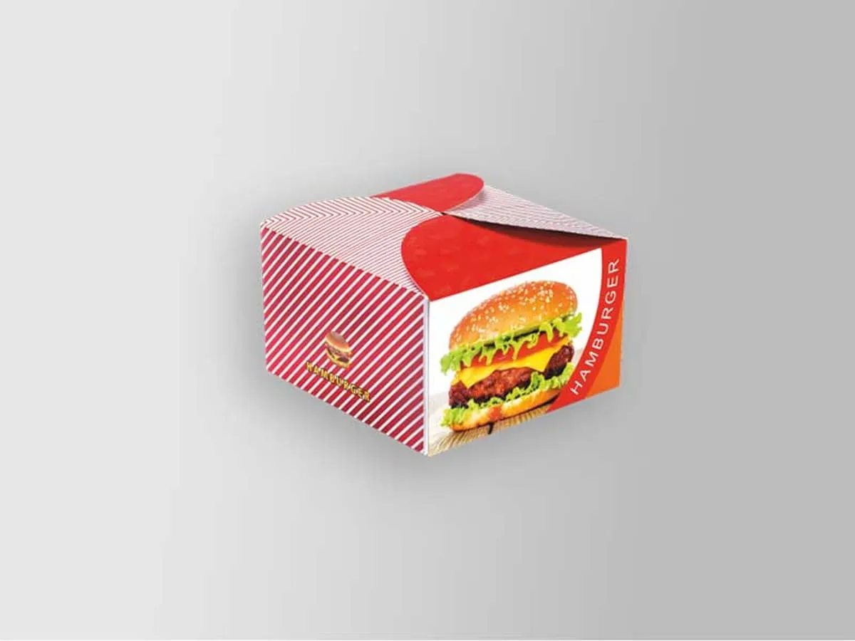 A printed clamshell burger box, closed