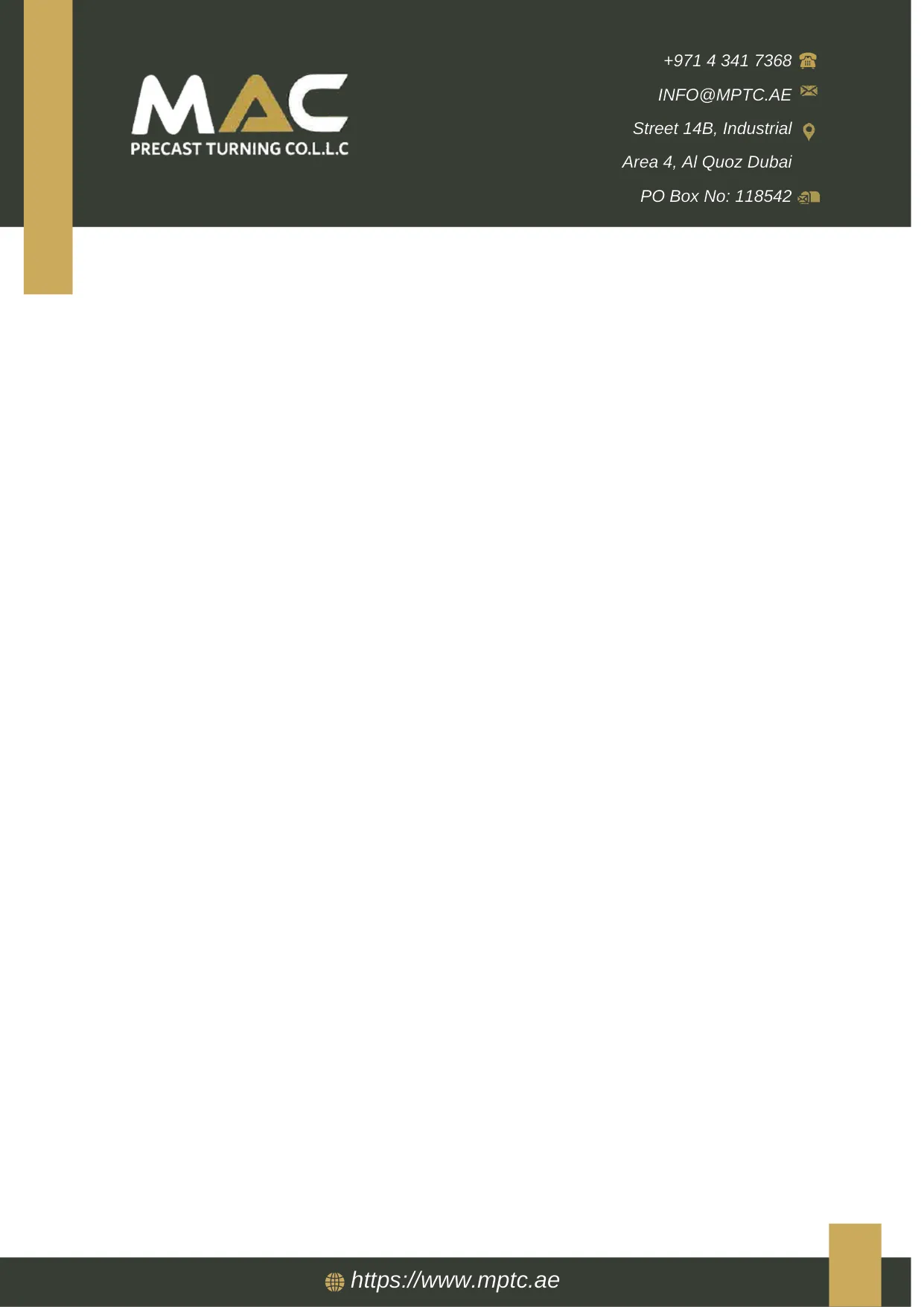 Corporate A4 letterhead for MAC Precast Turning Co. L.L.C with a charcoal header band, logo and contact details