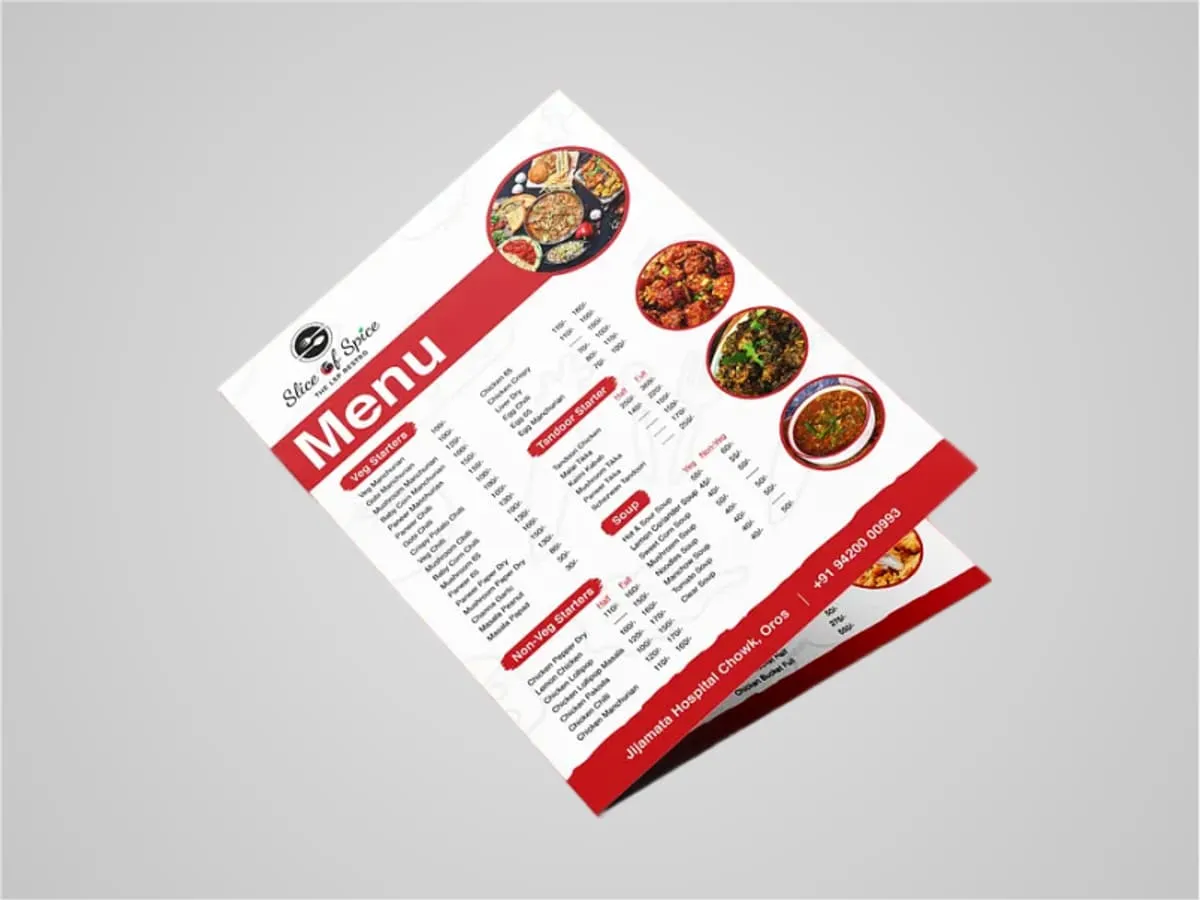 A folded restaurant menu printed on matt laminated board