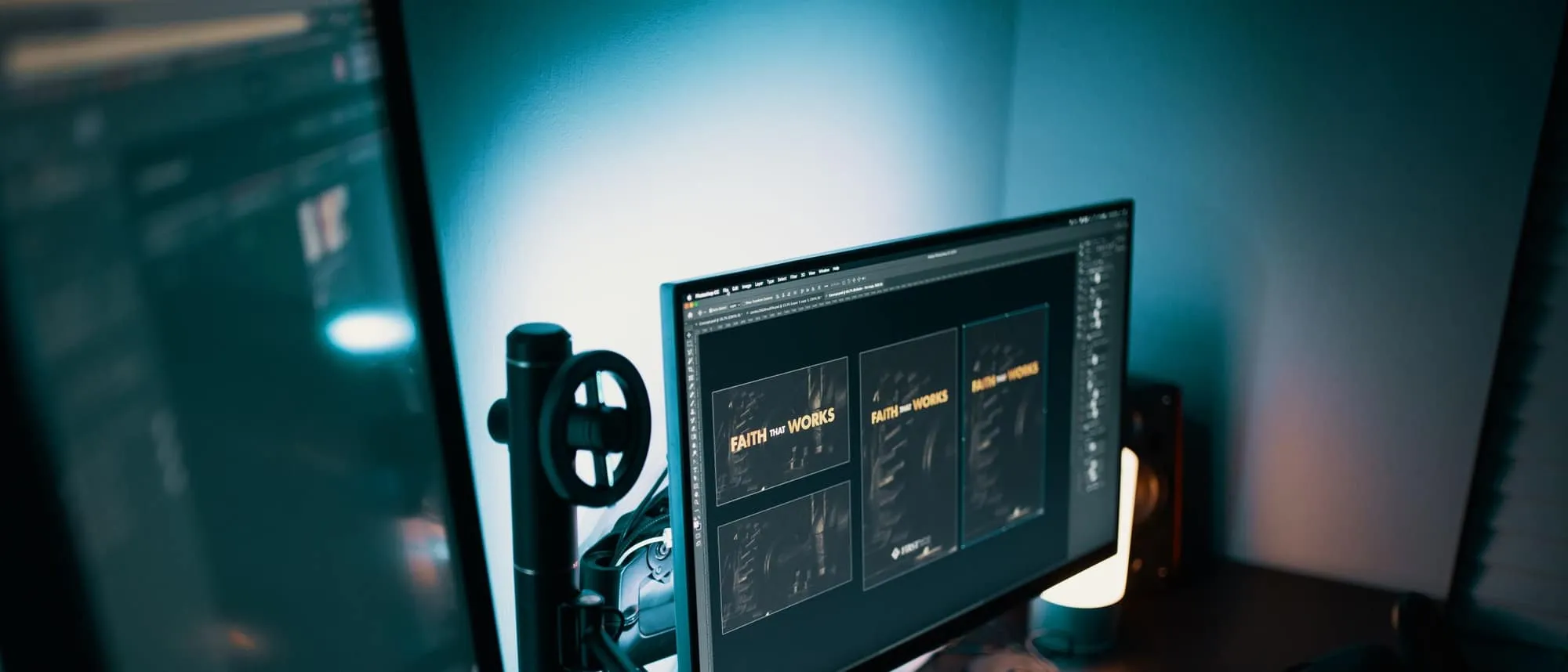 Design software open across two monitors in a studio