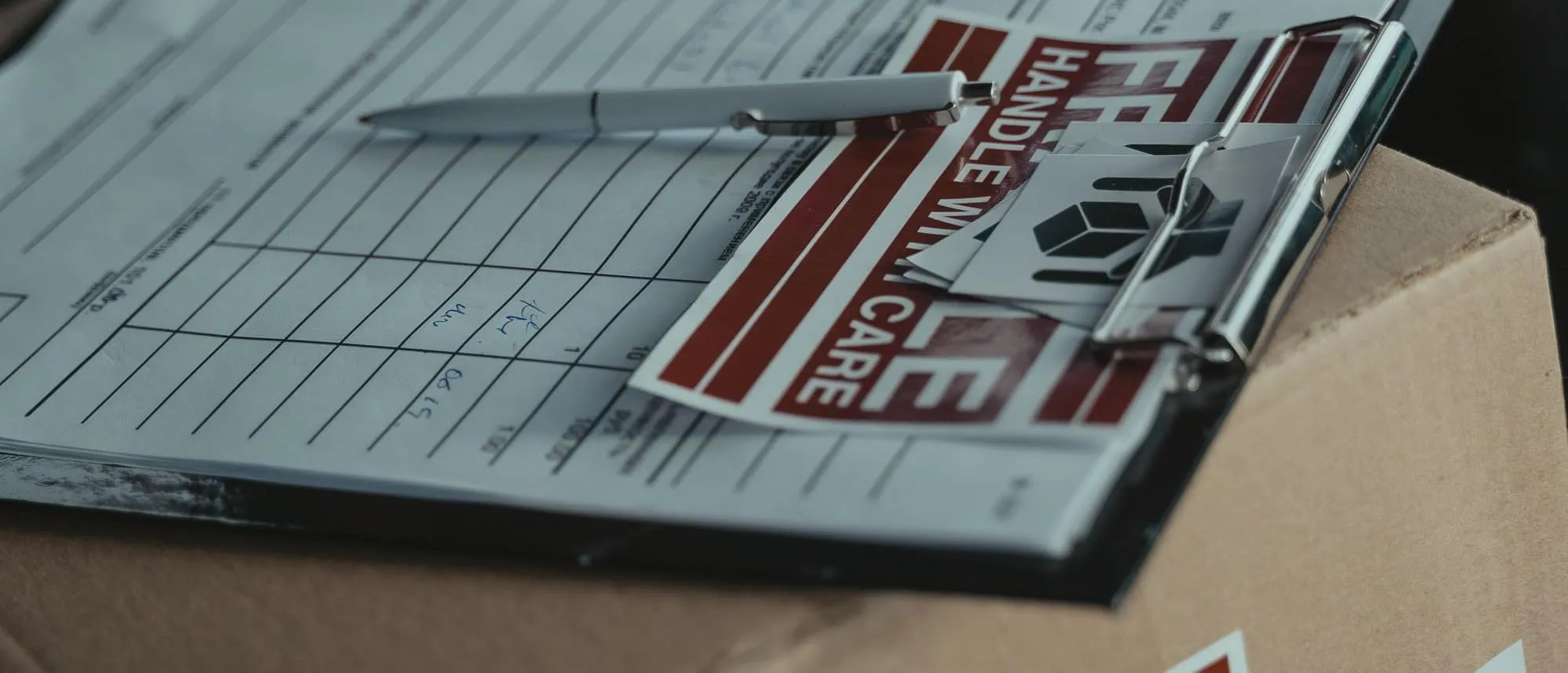Delivery paperwork on a clipboard resting on a cardboard carton