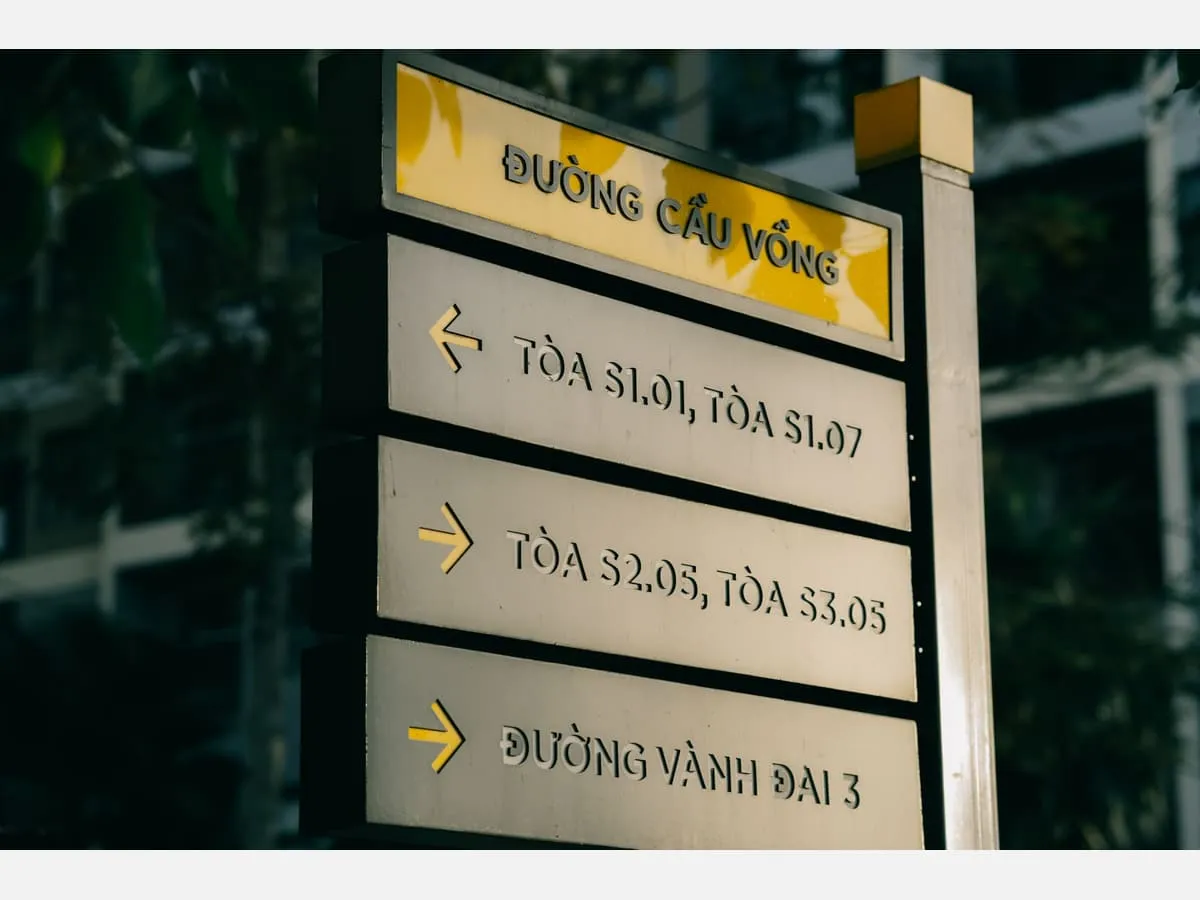 A multi-bar directory sign listing destinations with arrows